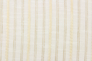 Colville is a high-end, woven, striped fabric in sand, beige and white.  It has a a soft drapable hand and would be ideal for swags, window scarves and drapery panels.