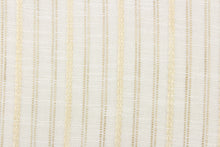 Load image into Gallery viewer, Colville is a high-end, woven, striped fabric in sand, beige and white.  It has a a soft drapable hand and would be ideal for swags, window scarves and drapery panels.
