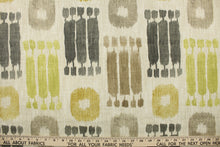 Load image into Gallery viewer, This fabric features a design in grays, brown, taupe, green, and golden yellow set against a pale beige background.
