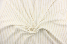 Load image into Gallery viewer, Colville is a high-end, woven, striped fabric in sand, beige and white.  It has a a soft drapable hand and would be ideal for swags, window scarves and drapery panels.
