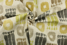 Load image into Gallery viewer, This fabric features a design in grays, brown, taupe, green, and golden yellow set against a pale beige background.
