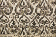 Load image into Gallery viewer,  This fabric features a demask design in black, taupe, pale gray, and dull white. 
