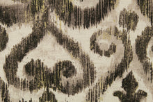 Load image into Gallery viewer,  This fabric features a demask design in black, taupe, pale gray, and dull white. 
