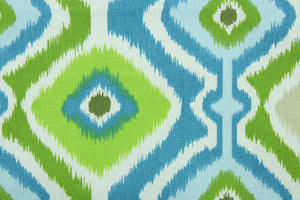 Rippled is a bright geometric design in shades of blue, green, light khaki and white.  It is perfect for outdoor settings or indoors in a sunny room.  It is stain and water resistant and can withstand up to 700 hours of direct sun exposure.  Uses include decorative pillows, cushions, chair pads, tote bags and upholstery.  We offer this pattern in several colors.