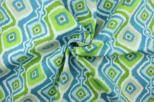 Rippled is a bright geometric design in shades of blue, green, light khaki and white.  It is perfect for outdoor settings or indoors in a sunny room.  It is stain and water resistant and can withstand up to 700 hours of direct sun exposure.  Uses include decorative pillows, cushions, chair pads, tote bags and upholstery.  We offer this pattern in several colors.
