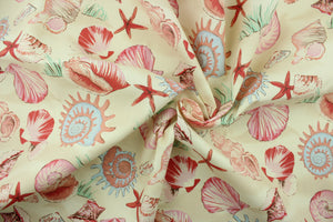 Sea shells is a multi use fabric that features large assorted shells in shades of powder blue, pink, mauve, dusty rose, apricot, brick red and brown on a cream background.  It is perfect for outdoor settings or indoors in a sunny room.  It is stain and water resistant and can withstand up to 700 hours of direct sun exposure.  Uses include decorative pillows, cushions, chair pads, tote bags and upholstery.  We offer this pattern in several colors.