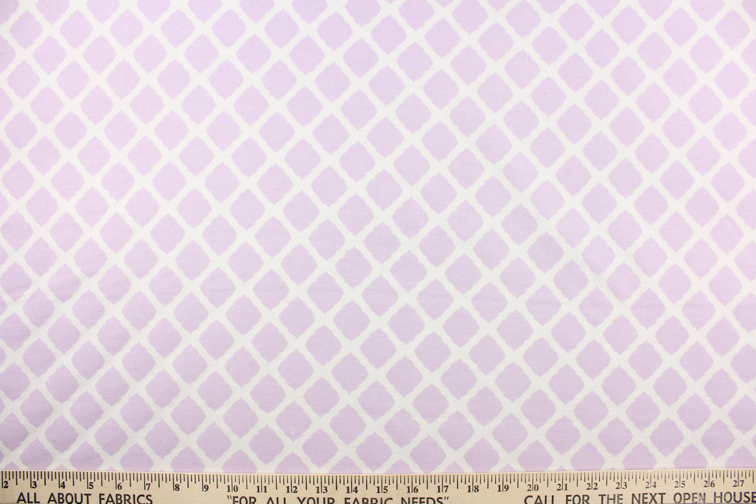 This printed flannel features a lattice design in white and lavendar.  Uses include apparel, bedding, pillows, home decor and crafting.  This fabric has a soft workable feel. 