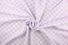 Load image into Gallery viewer, This printed flannel features a lattice design in white and lavendar.  Uses include apparel, bedding, pillows, home decor and crafting.  This fabric has a soft workable feel. 
