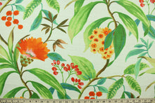 Load image into Gallery viewer, Azalea is a basketweave fabric with slub yarns and is printed with a large tropical design in tonal greens, persimmon, pink, aqua, yellow and brown on a white background.  The multi use fabric is perfect for window treatments, decorative pillows, custom cushions, bedding, light duty upholstery applications and almost any craft project.  This fabric has a soft workable feel yet is stable and durable with 10,000 double rubs.
