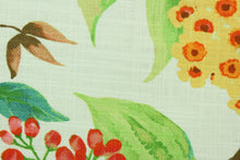 Load image into Gallery viewer, Azalea is a basketweave fabric with slub yarns and is printed with a large tropical design in tonal greens, persimmon, pink, aqua, yellow and brown on a white background.  The multi use fabric is perfect for window treatments, decorative pillows, custom cushions, bedding, light duty upholstery applications and almost any craft project.  This fabric has a soft workable feel yet is stable and durable with 10,000 double rubs.
