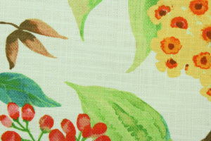 Azalea is a basketweave fabric with slub yarns and is printed with a large tropical design in tonal greens, persimmon, pink, aqua, yellow and brown on a white background.  The multi use fabric is perfect for window treatments, decorative pillows, custom cushions, bedding, light duty upholstery applications and almost any craft project.  This fabric has a soft workable feel yet is stable and durable with 10,000 double rubs.