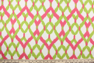 This fabric features a lattice design in hot pink and lime on a white background.  The versatile fabric is perfect for drapery, curtains, cornice boards, accent pillows, bedding, headboards and upholstery.  
