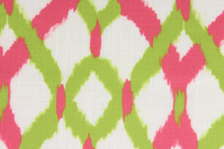 This fabric features a lattice design in hot pink and lime on a white background.  The versatile fabric is perfect for drapery, curtains, cornice boards, accent pillows, bedding, headboards and upholstery.  