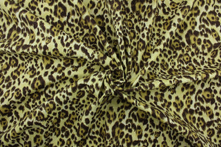 This fabric features a gorgeous cheetah print design in shades of brown on a yellow beige background.  The multi use fabric is perfect for window treatments, decorative pillows, custom cushions, bedding, light duty upholstery applications and almost any craft project.  It has a soft workable feel yet is stable and durable.  