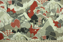 Load image into Gallery viewer, Washburn is a printed Asian inspired fabric that features abstract blooming flowers and trees in deep red, grey, beige and black.  The multi use fabric is perfect for window treatments, decorative pillows, custom cushions, bedding, light duty upholstery applications and almost any craft project.  This fabric has a soft workable feel yet is stable and durable with 50,000 double rubs.
