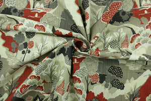 Washburn is a printed Asian inspired fabric that features abstract blooming flowers and trees in deep red, grey, beige and black.  The multi use fabric is perfect for window treatments, decorative pillows, custom cushions, bedding, light duty upholstery applications and almost any craft project.  This fabric has a soft workable feel yet is stable and durable with 50,000 double rubs.
