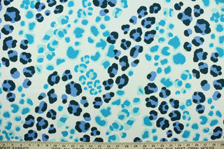 This fabric features a leopard print design in blue, aqua, teal and black on a white background. The multi use fabric is perfect for window treatments, decorative pillows, custom cushions, bedding, light duty upholstery applications and almost any craft project. It has a soft workable feel yet is stable and durable.