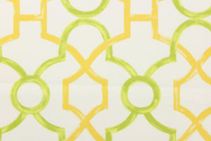 This printed cotton twill fabric features a geometric design in yellow and green on a white background.  It is perfect for window treatments, decorative pillows, handbags, light duty upholstery applications.  This fabric has a soft workable feel yet is stable and durable with 50,000 double rubs.  