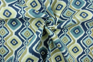  Rippled is a geometric design in shades of blue, khaki and white.  It is perfect for outdoor settings or indoors in a sunny room.  It is stain and water resistant and can withstand up to 700 hours of direct sun exposure.  Uses include decorative pillows, cushions, chair pads, tote bags and upholstery.  We offer this pattern in several colors.