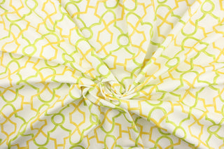 This printed cotton twill fabric features a geometric design in yellow and green on a white background.  It is perfect for window treatments, decorative pillows, handbags, light duty upholstery applications.  This fabric has a soft workable feel yet is stable and durable with 50,000 double rubs.  