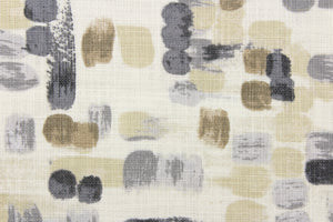 This fabric features an abstract design in shades of brown and gray on a off white background.  It it is perfect for window treatments, decorative pillows, handbags, light duty upholstery applications.  This fabric has a soft workable feel yet is stable and durable with 50,000 double rubs.  