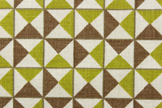 This fabric features a small scale geometric print in coca brown, celery green and off white.  It it is perfect for window treatments, decorative pillows, handbags, light duty upholstery applications.  This fabric has a soft workable feel yet is stable and durable with 50,000 double rubs.  