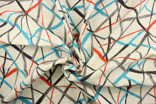 This fabric features a modern stick design in cerulean blue, red, gray and black on an off white background and would be a great accent to your home decor projects.  It it is perfect for window treatments, decorative pillows, handbags, light duty upholstery applications.  This fabric has a soft workable feel yet is stable and durable with 27,000 double rubs.  