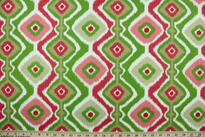  Rippled is a bright geometric design in the colors of red, green, pink, white and earth brown.  It is perfect for outdoor settings or indoors in a sunny room.  It is stain and water resistant and can withstand up to 700 hours of direct sun exposure.  Uses include decorative pillows, cushions, chair pads, tote bags and upholstery.  We offer this pattern in several colors.