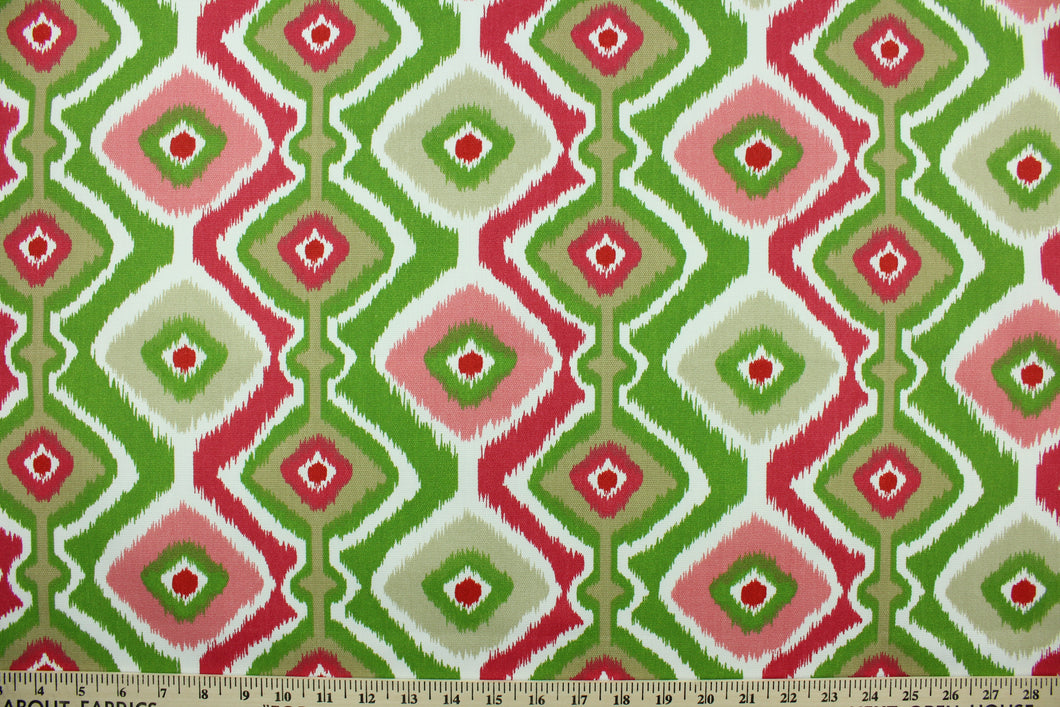  Rippled is a bright geometric design in the colors of red, green, pink, white and earth brown.  It is perfect for outdoor settings or indoors in a sunny room.  It is stain and water resistant and can withstand up to 700 hours of direct sun exposure.  Uses include decorative pillows, cushions, chair pads, tote bags and upholstery.  We offer this pattern in several colors.