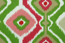 Load image into Gallery viewer,  Rippled is a bright geometric design in the colors of red, green, pink, white and earth brown.  It is perfect for outdoor settings or indoors in a sunny room.  It is stain and water resistant and can withstand up to 700 hours of direct sun exposure.  Uses include decorative pillows, cushions, chair pads, tote bags and upholstery.  We offer this pattern in several colors.
