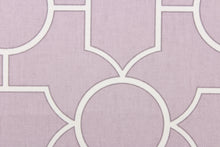 Load image into Gallery viewer, This fabric features a modern geometric design in lilac and white.  It it is perfect for window treatments, decorative pillows, handbags, light duty upholstery applications.  This fabric has a soft workable feel yet is stable and durable with 30,000 double rubs.  
