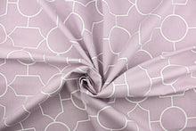 Load image into Gallery viewer, This fabric features a modern geometric design in lilac and white.  It it is perfect for window treatments, decorative pillows, handbags, light duty upholstery applications.  This fabric has a soft workable feel yet is stable and durable with 30,000 double rubs.  
