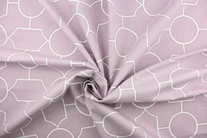 This fabric features a modern geometric design in lilac and white.  It it is perfect for window treatments, decorative pillows, handbags, light duty upholstery applications.  This fabric has a soft workable feel yet is stable and durable with 30,000 double rubs.  