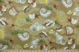 Seashells is a multi use fabric that features large assorted shells in tan, white and yellow on a brown background.  It is perfect for outdoor settings or indoors in a sunny room.  It is stain and water resistant and can withstand up to 700 hours of direct sun exposure.  Uses include decorative pillows, cushions, chair pads, tote bags and upholstery.  We offer this pattern in several colors.