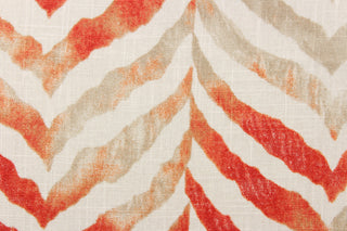This multipurpose printed fabric features a zig zag design in dark coal, gold and brown on a white background.  It it is perfect for window treatments, decorative pillows, handbags, light duty upholstery applications.  This fabric has a soft workable feel yet is stable and durable with 12,000 double rubs.  