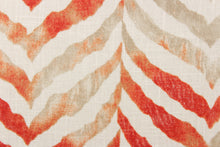 Load image into Gallery viewer, This multipurpose printed fabric features a zig zag design in dark coal, gold and brown on a white background.  It it is perfect for window treatments, decorative pillows, handbags, light duty upholstery applications.  This fabric has a soft workable feel yet is stable and durable with 12,000 double rubs.  
