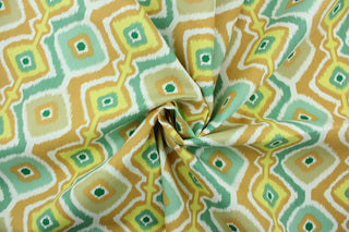 Rippled is a bright geometric design in the colors of bright yellow, golden yellow, khaki, grass green, mint green and white.  It is perfect for outdoor settings or indoors in a sunny room.  It is stain and water resistant and can withstand up to 700 hours of direct sun exposure.  Uses include decorative pillows, cushions, chair pads, tote bags and upholstery.  We offer this pattern in several colors.