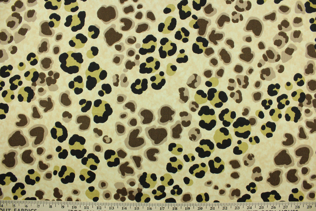 This fabric features a giraffe print design in shades of brown, black and khaki on a tan background.  The multi use fabric is perfect for window treatments, decorative pillows, custom cushions, bedding, light duty upholstery applications and almost any craft project.  It has a soft workable feel yet is stable and durable.  