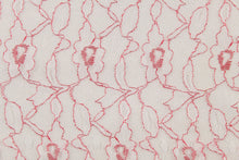 Load image into Gallery viewer, This lace features a woven floral design in white with red outline. 
