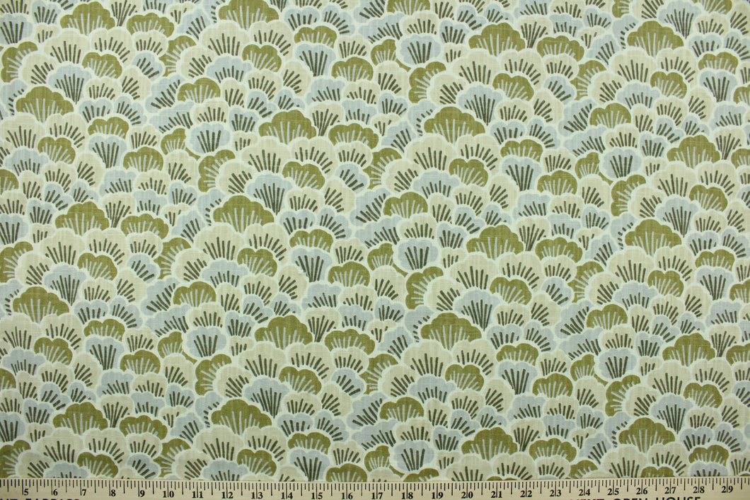 Toki is a printed Asian inspired fabric that features scalloped abstract blooming flowers.  The multi use fabric is perfect for window treatments, decorative pillows, custom cushions, bedding, light duty upholstery applications and almost any craft project.  This fabric has a soft workable feel yet is stable and durable with 50,000 double rubs.