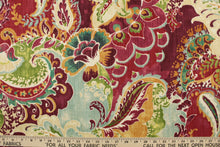 Load image into Gallery viewer, This fabric features a paisley design in teal, burgundy, golden yellow, green, blue and off white  .
