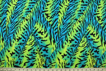 Load image into Gallery viewer, Verdant is an animal print design in vibrant teal, lime green and black.  The multi use fabric is perfect for window treatments, decorative pillows, custom cushions, bedding, light duty upholstery applications and almost any craft project.  It has a soft workable feel yet is stable and durable.  
