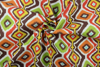 Rippled is a bright geometric design in the colors of red, orange, yellow, green, white and rust.  It is perfect for outdoor settings or indoors in a sunny room.  It is stain and water resistant and can withstand up to 700 hours of direct sun exposure.  Uses include decorative pillows, cushions, chair pads, tote bags and upholstery.  We offer this pattern in several colors.