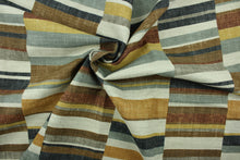 Load image into Gallery viewer, This fabric features a geometric design in golden tan, gray, dull black, tan, copper, brown, natural, seafoam green.
