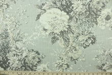 Load image into Gallery viewer,  This fabric features a floral design in  gray tones, with white and off white.
