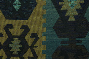 This fabric features an Aztec design in dark brown, tan, black and teal with hints of blue. 