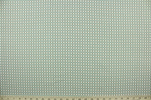Load image into Gallery viewer,  This fabric features a checkered design in gray, off white and light turquoise blue with a latex backing.
