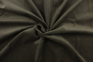 This corduroy fabric features a the typical rib design in  brown charcoal with a cotton scrim backing.