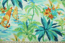 Load image into Gallery viewer, This outdoor fabric features a tropical floral design in orange, green, turquoise, teal, and white.
