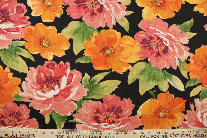 This multi use fabric features a large, floral design in red, orange, pink, yellow, white and green on a black background.  It is perfect for outdoor settings or indoors in a sunny room.  It is stain and water resistant and can withstand up to 500 hours of direct sun exposure and has a durability rating of 10,000 double rubs.  Uses include decorative pillows, cushions, chair pads, tote bags and upholstery.